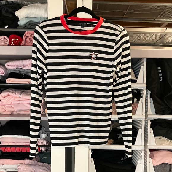 Topshop Black & White Striped Long Sleeve Top/Star With Bling - Picture 1 of 5